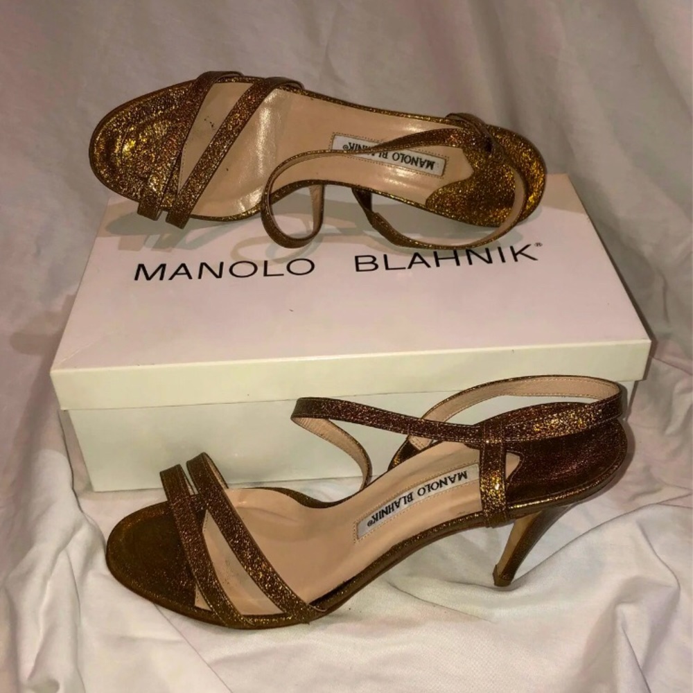 Manolo Blahnik gold sparky strap heels